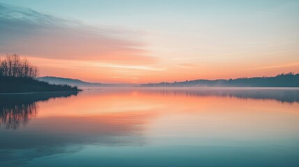 Fototapeta premium Tranquil sunset over a quiet lake with a reflection, leaving space for copy.
