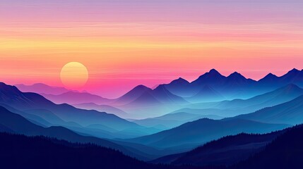 Fototapeta premium Vibrant sunset over a serene mountain landscape, with room for copy.