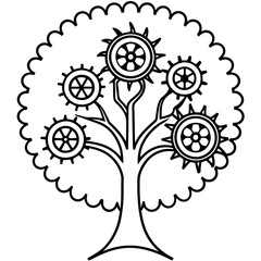 Mechanical leaves with the tree vector line art illustration