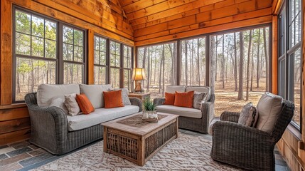 Fototapeta premium A Cozy Living Room with Wicker Furniture and a View of the Woods.