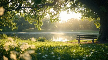 Obraz premium Tranquil Bench by the Lake in a Lush Summer Park