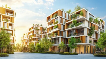 Eco-friendly urban courtyard with vertical gardens, lush greenery, bright daylight