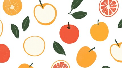 Fresh Fruit Pattern   Oranges  Apples  Grapefruit and Leaves