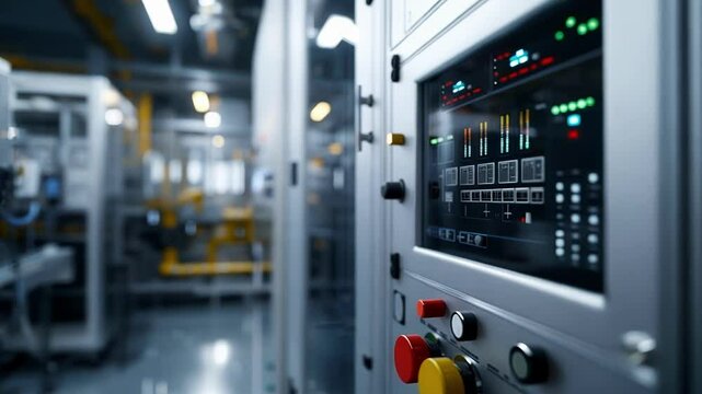 Sophisticated control panel with an array of buttons and a digital display screen is managing and monitoring an innovative production line in a modern factory