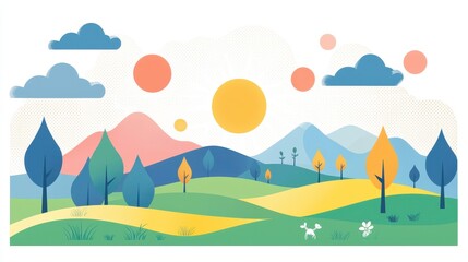 Obraz premium Abstract Landscape with Hills Trees and Sun