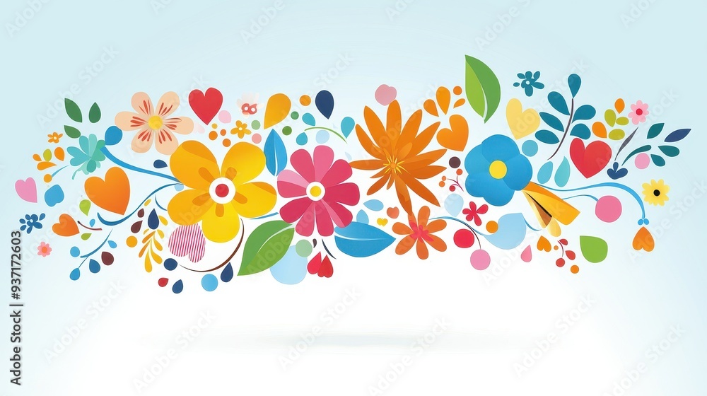 Wall mural Colorful Floral Pattern Illustration with Hearts and Leaves on Light Blue Background