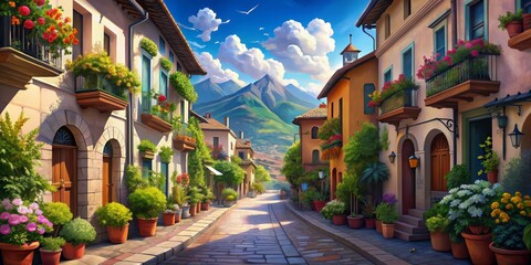Fototapeta premium A Sunny Day in a Mountain Village, Digital Painting, Colorful houses with balconies, cobblestone street, mountain backdrop, landscape, village