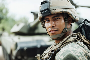 Hispanic soldier military army in camouflage uniform at conflict war