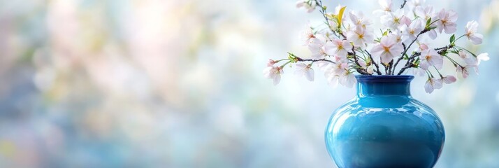 Delicate White Blossoms in a Blue Vase Against a Soft Bokeh Background - A vase filled with delicate white blossoms, symbolizing beauty, new beginnings, hope, purity, and the arrival of spring.