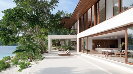 Fototapeta premium A glass walled house by seaside, huge window for natural light