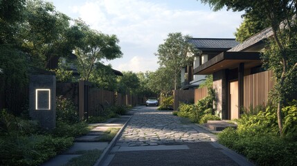 A cobblestone path leading to a modern home with a wooden fence and lush greenery.