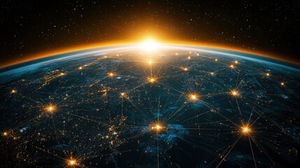 Obraz premium Global business network visualized with lines connecting different cities, dark background with glowing lines