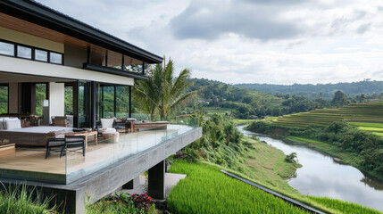 Modern cozy house with deck and stainless steel rails by rice field