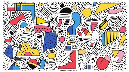 Abstract Geometric Pattern with Lines  Dots  and Shapes in Red  Yellow  Blue  and Black