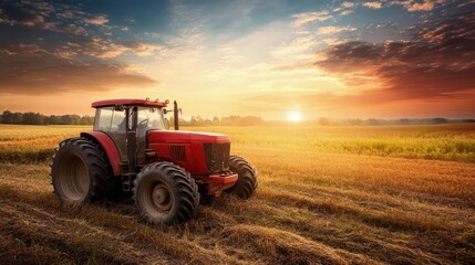 High-tech farming tractor in a field, robust design, early morning light
