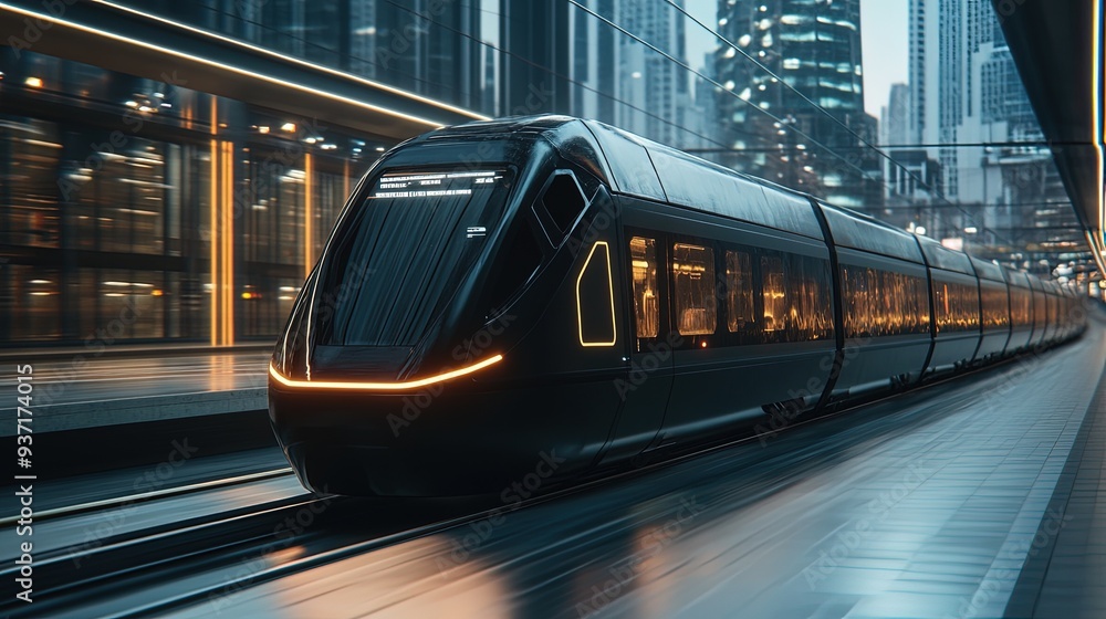 Poster hyperloop pod in transit, aerodynamic shape, futuristic tunnel with motion blur