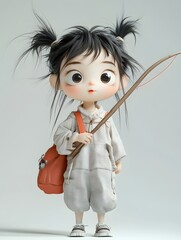 Fototapeta premium Cute Cartoon Girl with Backpack and Fishing Rod