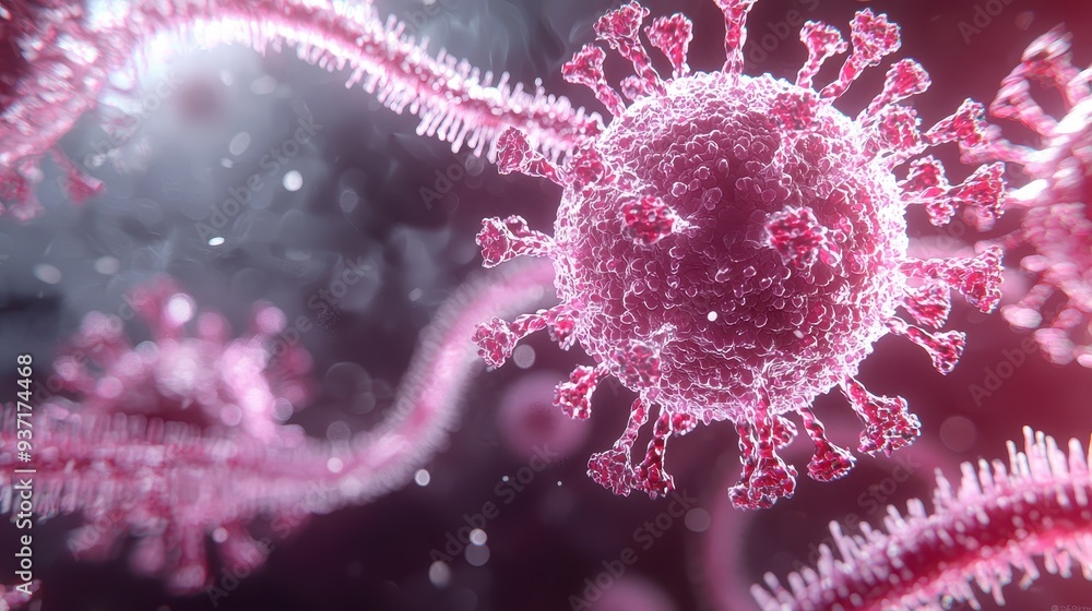 Poster d render of coronavirus with spikes and bokeh background