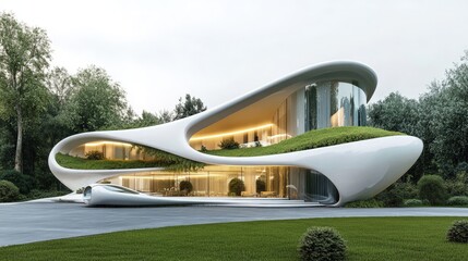 Modern building with passive solar design, eco-friendly architecture, bright daylight