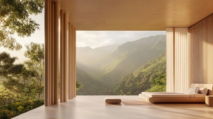 Fototapeta premium Modern minimalist bedroom with sleek furniture, neutral tones, and large windows, natural daylight