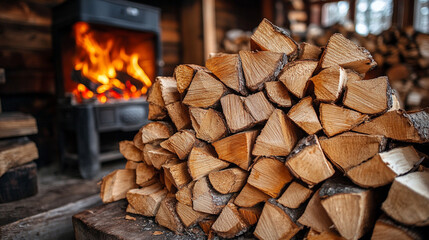 cozy, rustic home interior featuring a pile of neatly stacked firewood next to a traditional stove, symbolizing warmth, comfort, preparation, and resilience against winter