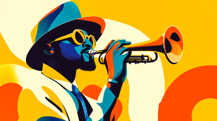 Jazz Soul: A vibrant illustration of a trumpet player lost in the rhythm, bathed in warm hues, capturing the energy and soul of jazz music. 