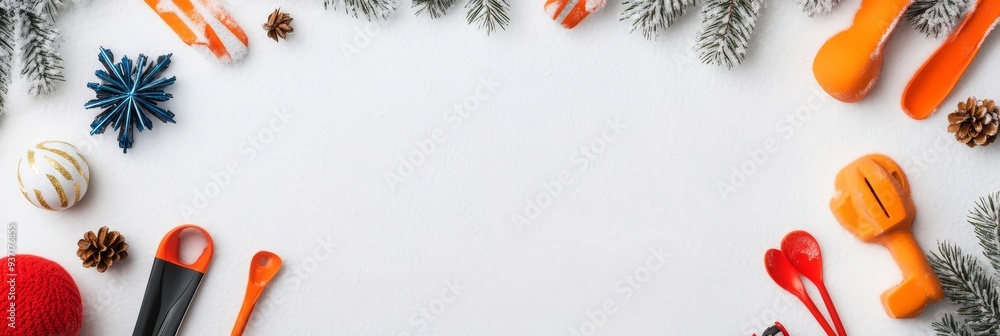 Wall mural Festive Christmas Border with Copy Space - A white background surrounded by festive Christmas decorations, including pine branches, ornaments, candy canes, and snowflakes. Perfect for holiday greeting