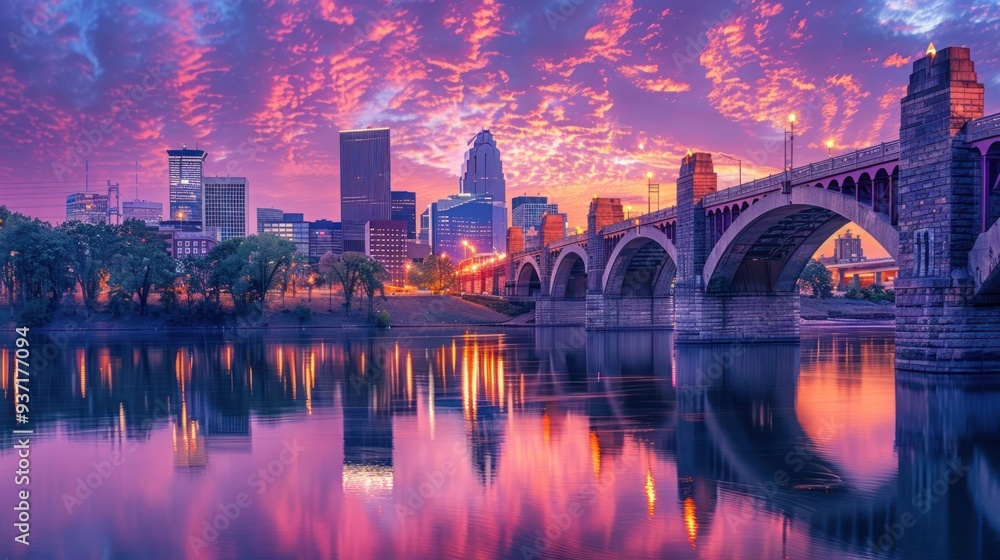 Wall mural stone bridge and city skyline reflecting in water at sunset