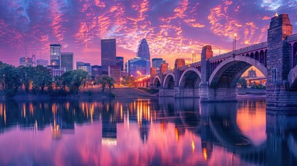 Stone Bridge and City Skyline Reflecting in Water at Sunset