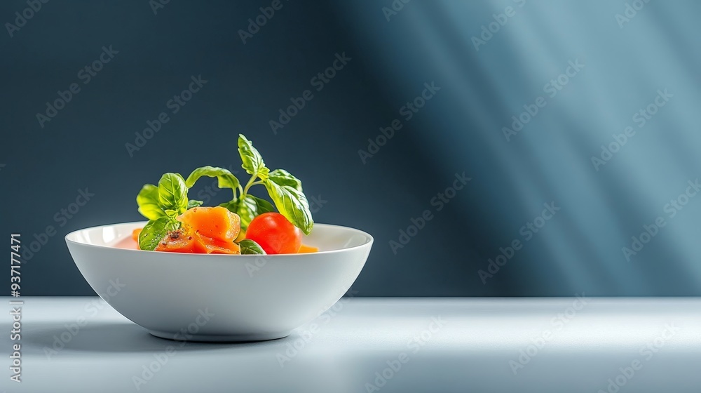 Sticker Fresh Basil and Tomato Salad in White Bowl on Table - A simple yet elegant salad of fresh basil and tomatoes in a white bowl, symbolizing healthy eating, fresh ingredients, Italian cuisine, and summer