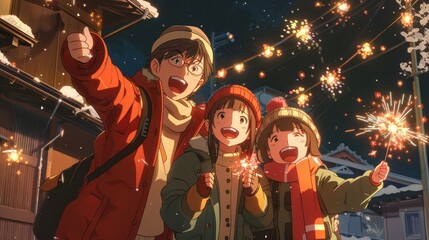 A cheerful family enjoys a festive night, lighting sparklers and smiling happily as they celebrate together in their neighborhood