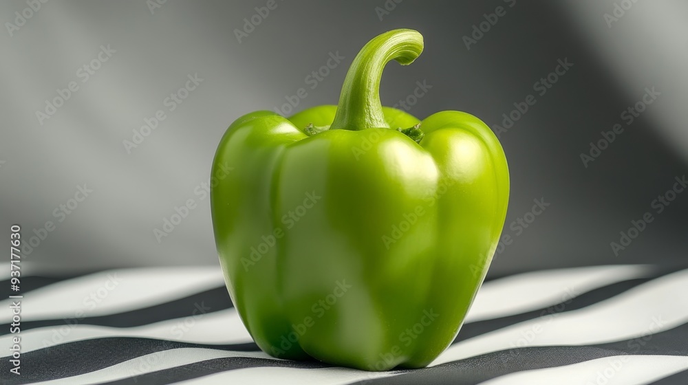 Sticker Fresh Green Bell Pepper on Black and White Striped Fabric - A vibrant green bell pepper sits on a black and white striped fabric, symbolizing freshness, health, and a touch of vibrancy.