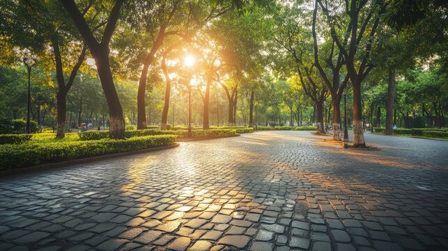 Public plaza with permeable paving stones, surrounded by trees, soft ambient light