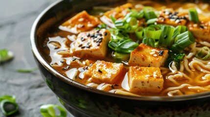 Close-up of a Bowl of Ramen Noodles with Tofu, Green Onions, and Sesame Seeds