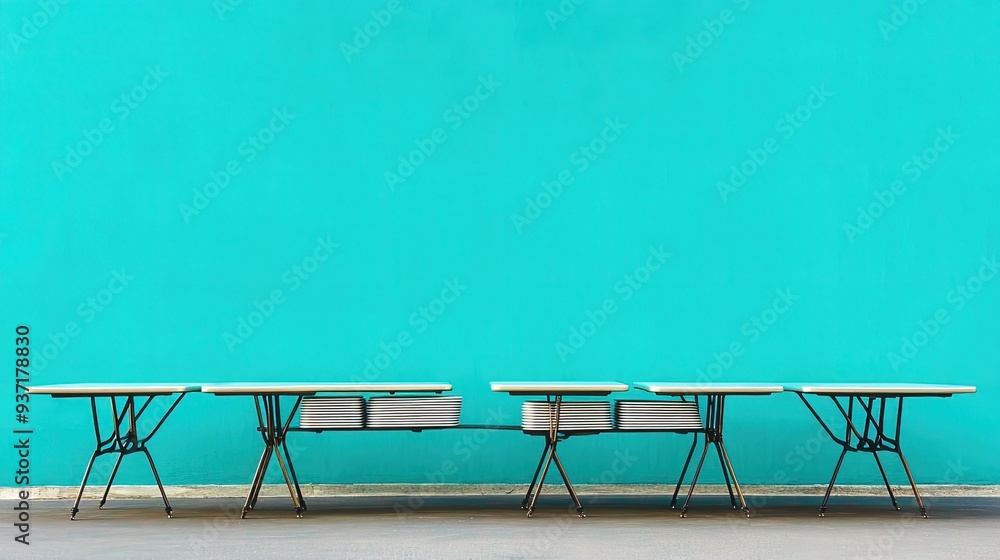 Poster row of cafeteria tables with trays stacked neatly, midday light
