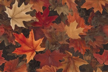 A collection of autumn leaves in various colors, creating a rich, textured background.