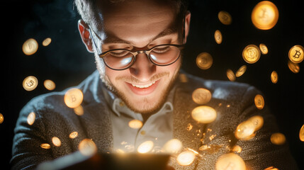 A man in a suit with smartphone and floating digital money coins illuminated by light beams, symbolizing cryptocurrency wealth and digital finance.