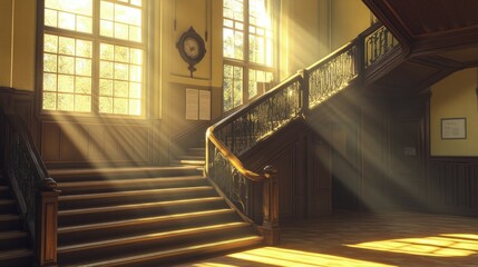 Obraz premium School stairwell with sunlight streaming through large windows, quiet space