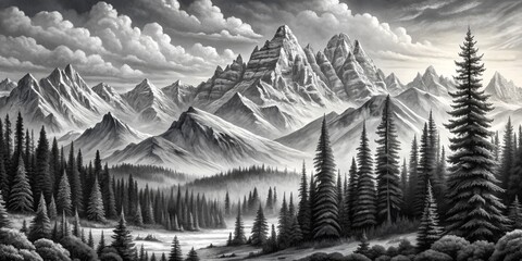 Black and White Mountain Landscape with Pine Trees, oil on canvas, monochrome, mountain range, pine forest, nature, clouds