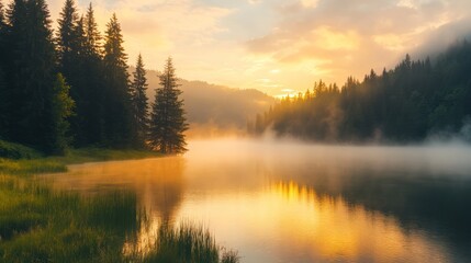 Fototapeta premium Misty Sunrise Over a Serene Forest Lake