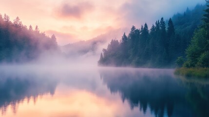 Obraz premium Misty Morning on a Still Lake Surrounded by Trees