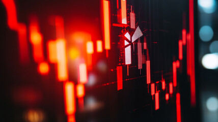 Dynamic red candlestick chart reflecting a downturn in the stock market during a volatile trading session at sunset