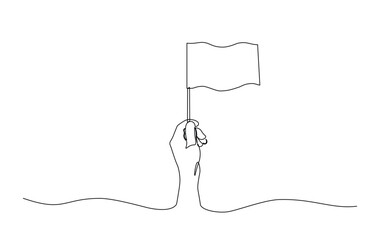 Obraz premium One continuous line drawing hand holding white flag. Hand holds flag in single line illustration.