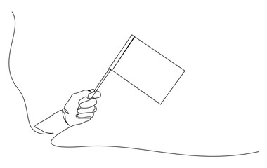 One continuous line drawing hand holding white flag. Hand holds flag in single line illustration.
