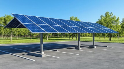 Solar canopy over a parking lot, sleek design, bright natural light