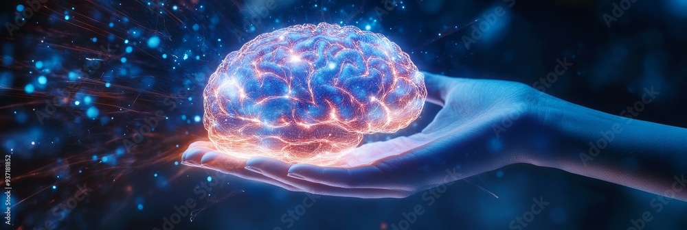 Poster Human Hand Holding Glowing Brain - Concept of Intelligence and Innovation - A glowing brain held in a human hand symbolizes intelligence, innovation, knowledge, power, and growth.