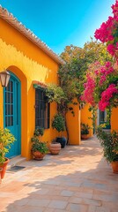 Fototapeta premium Colorful Mediterranean Alley with Vibrant Bougainvillea Flowers on a Sunny Day
