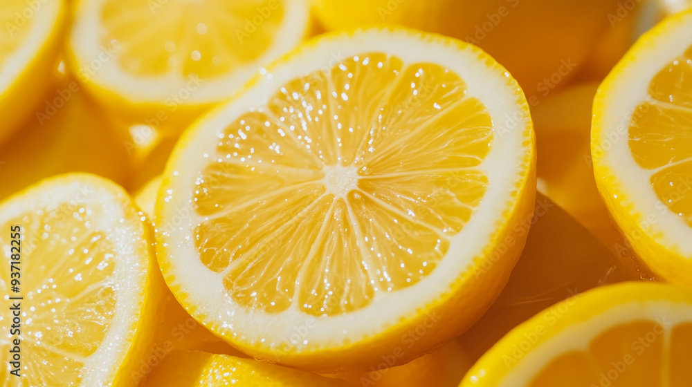 Poster Juicy Lemon Slices for Summer Refreshment - A close-up view of fresh, ripe lemon slices, representing sunshine, summer, and citrusy flavors.