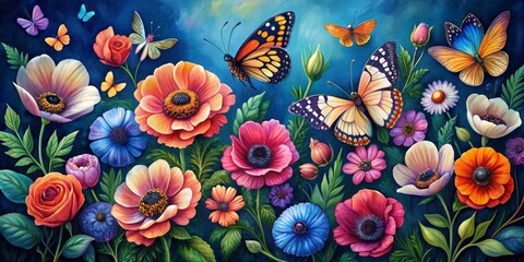 Butterflies and Anemones A Watercolor Composition, vibrant flowers, butterflies, blue background, floral art, butterfly, anemone