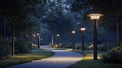Solar-powered outdoor lighting along a nature trail, surrounded by trees, soft evening light